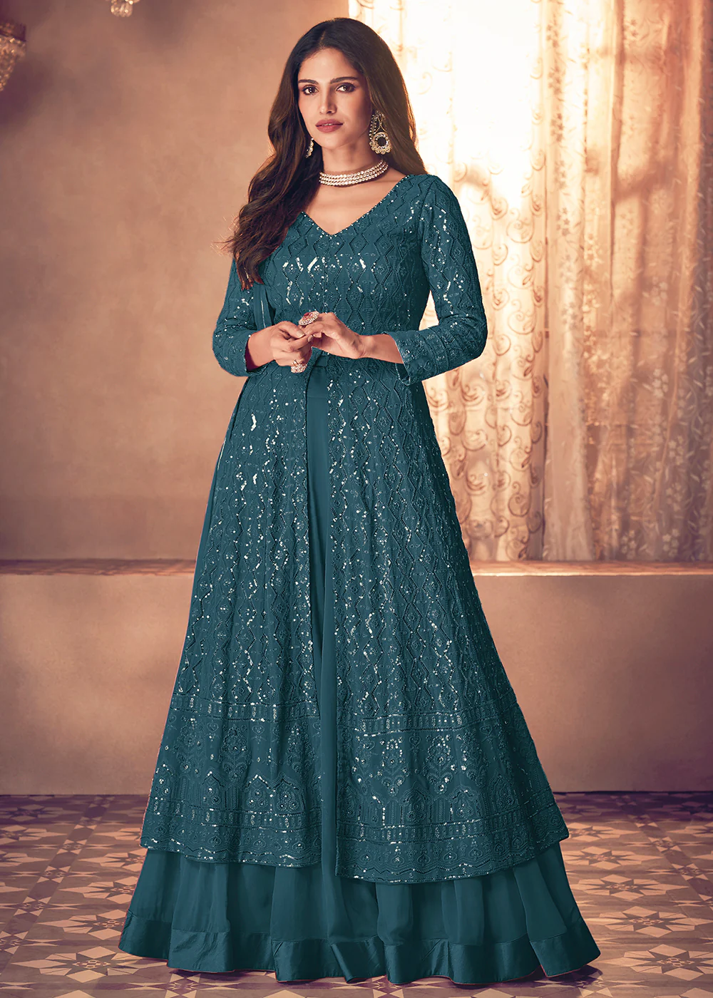 Spectacular Blue Floor Length Sequins Work Anarkali Suit