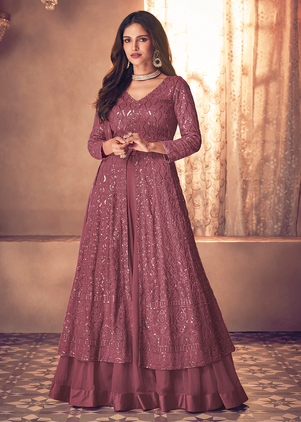 Spectacular Mauve Floor Length Sequins Work Anarkali Suit