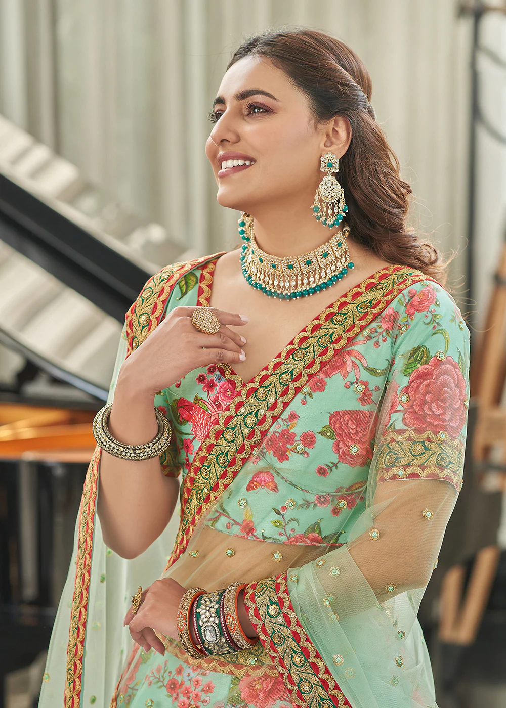 Spectacular Mint Green Art Silk Floral Printed Lehenga Choli - Image 2