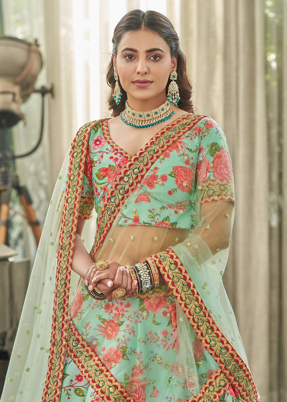 Spectacular Mint Green Art Silk Floral Printed Lehenga Choli - Image 3