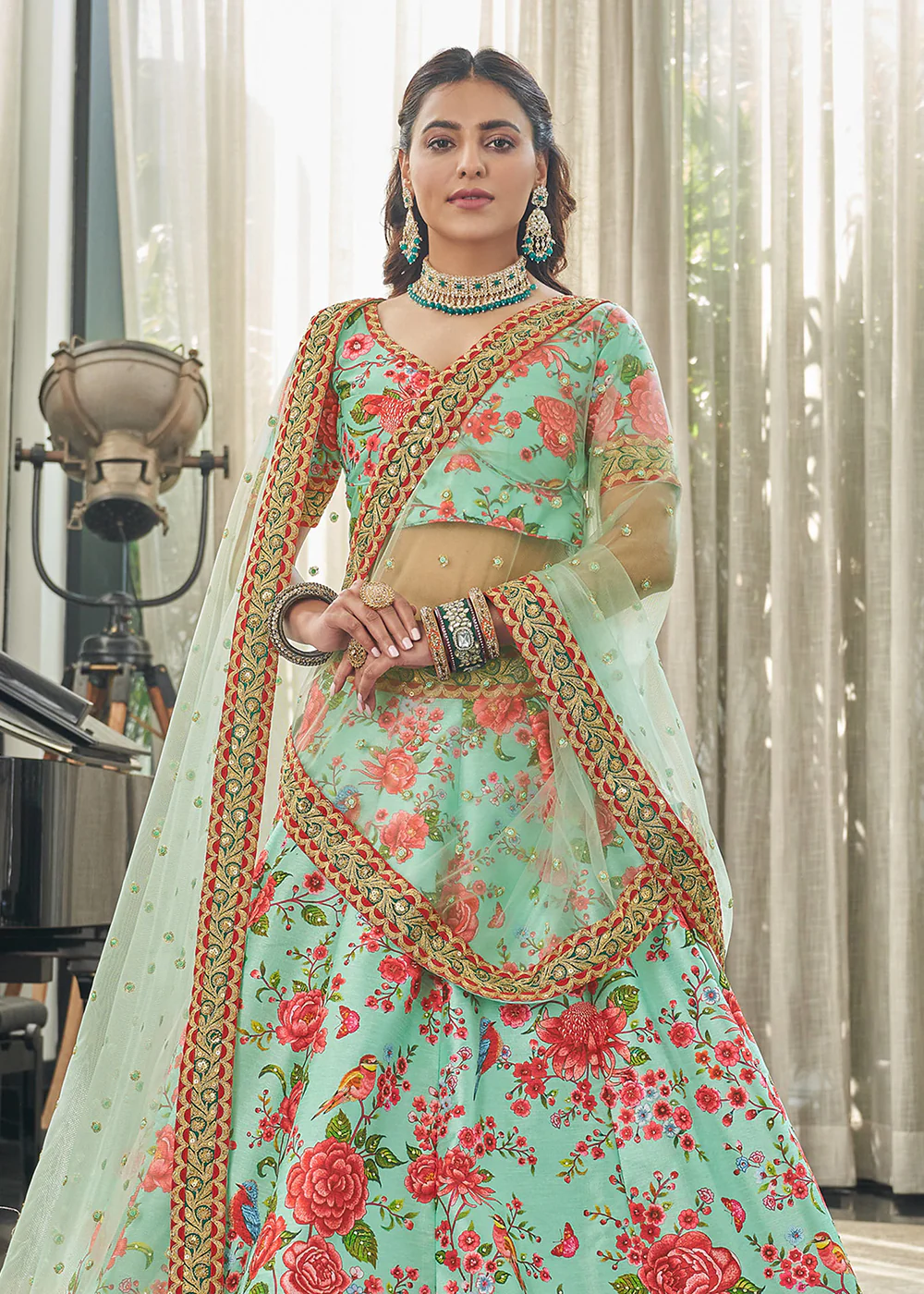 Spectacular Mint Green Art Silk Floral Printed Lehenga Choli - Image 4
