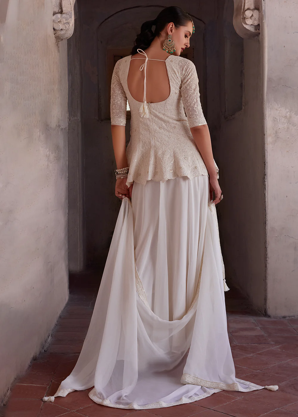 Spectacular Off White Georgette Peplum Style Sharara Suit - Image 3