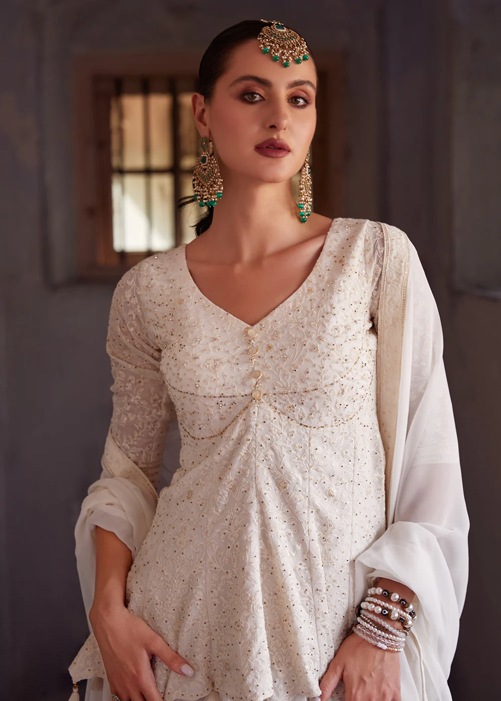 Spectacular Off White Georgette Peplum Style Sharara Suit - Image 4