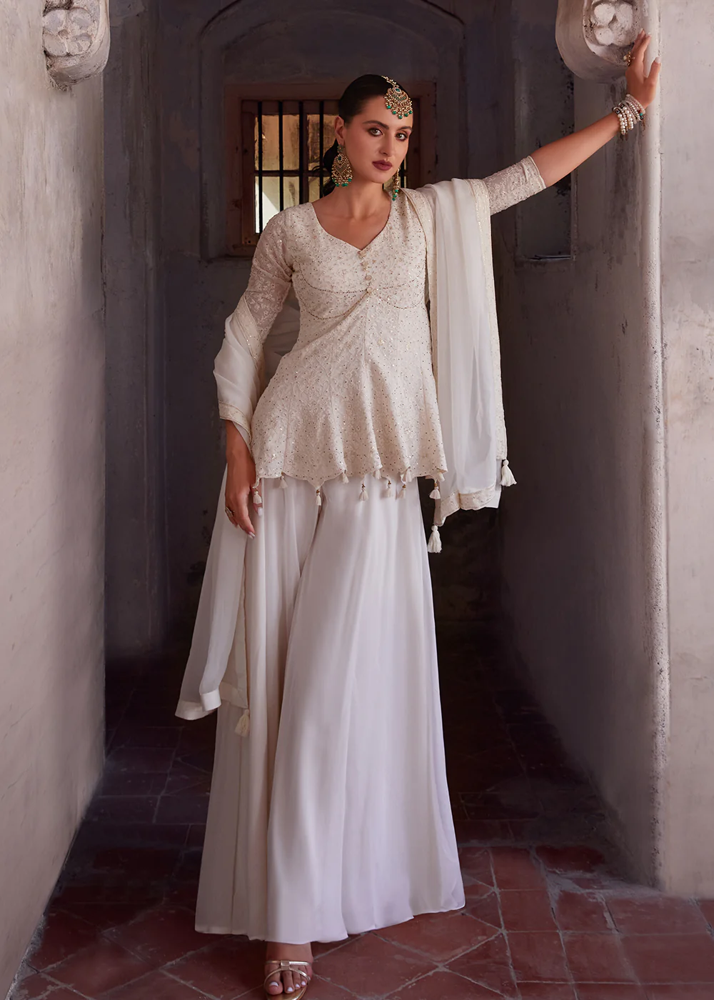 Spectacular Off White Georgette Peplum Style Sharara Suit - Image 5