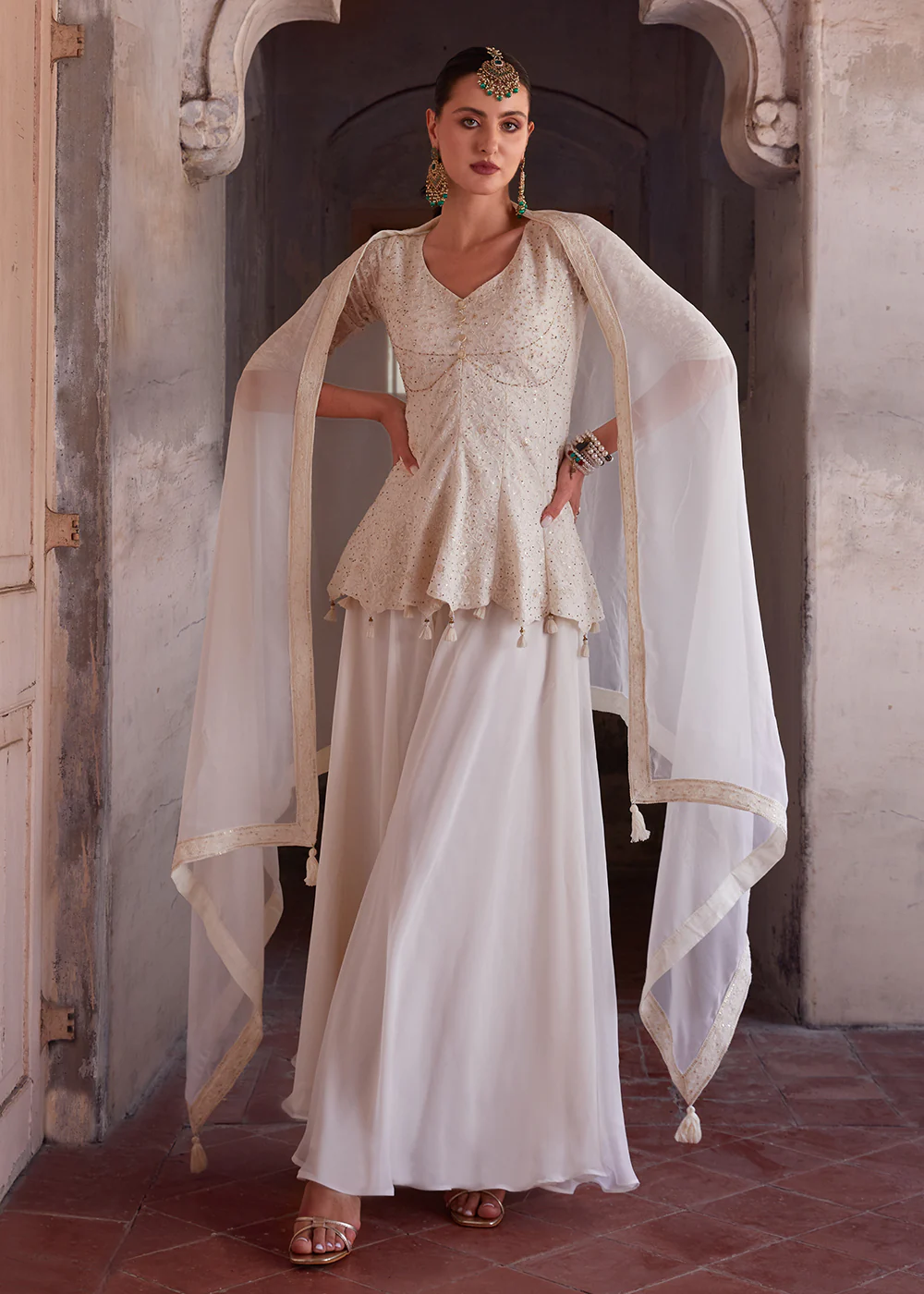 Spectacular Off White Georgette Peplum Style Sharara Suit - Image 6