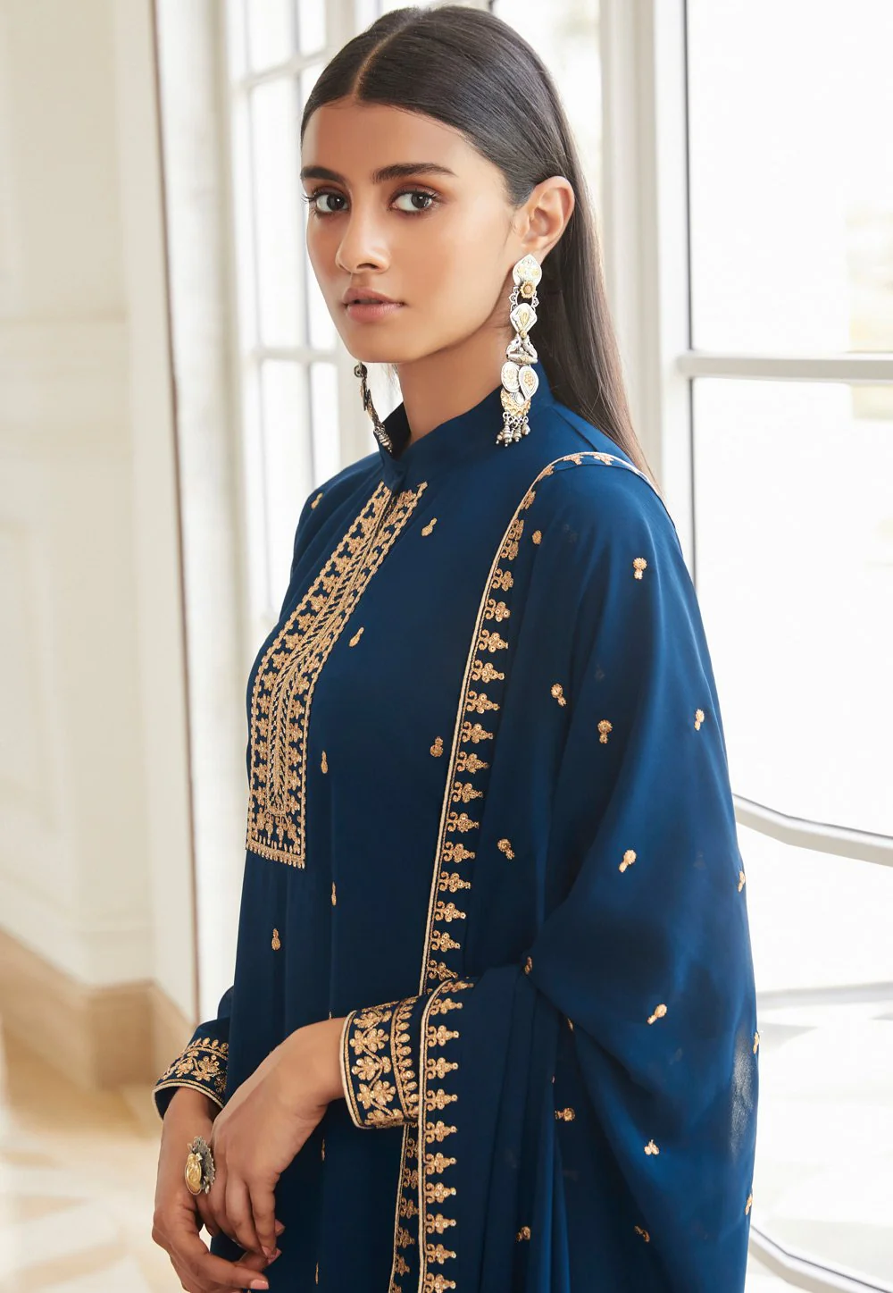 Splendid Blue Zari Embroidered Flared Palazzo Suit - Image 3