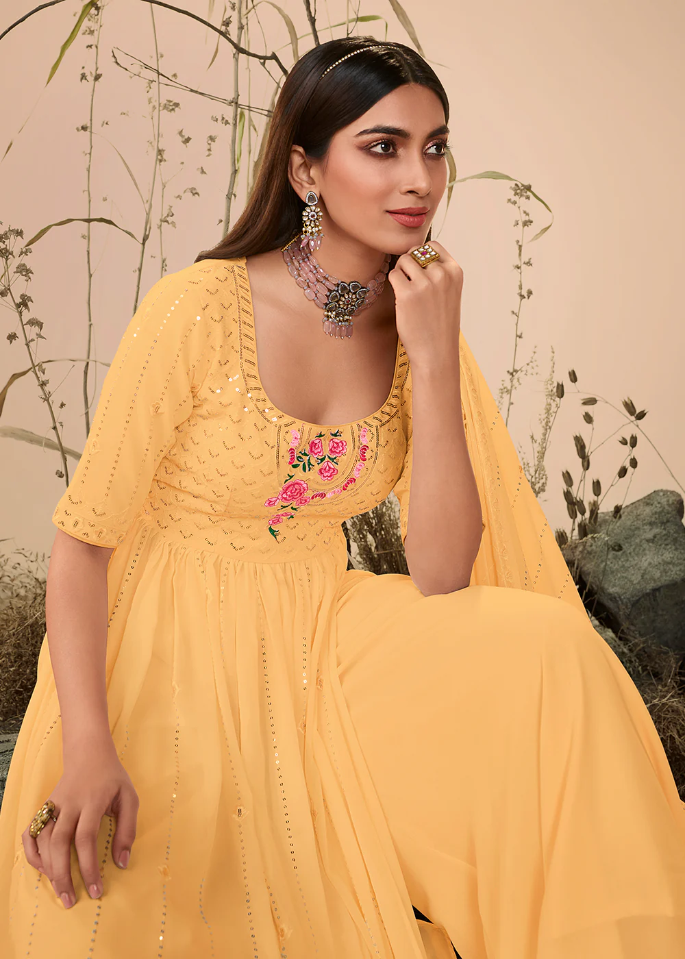 Splendid Festive Yellow Georgette Palazzo Salwar Suit - Image 2