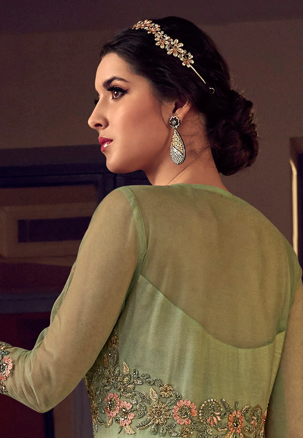 Splendid Green Net Front Slit Lehenga Style Anarkali Suit - Image 3