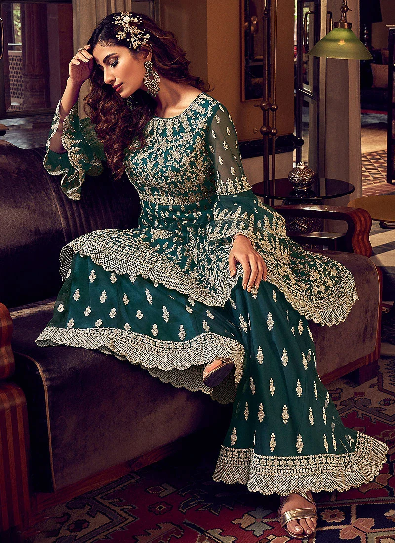 Splendid Green Embroidered Party Wear Sharara Suit - Image 3