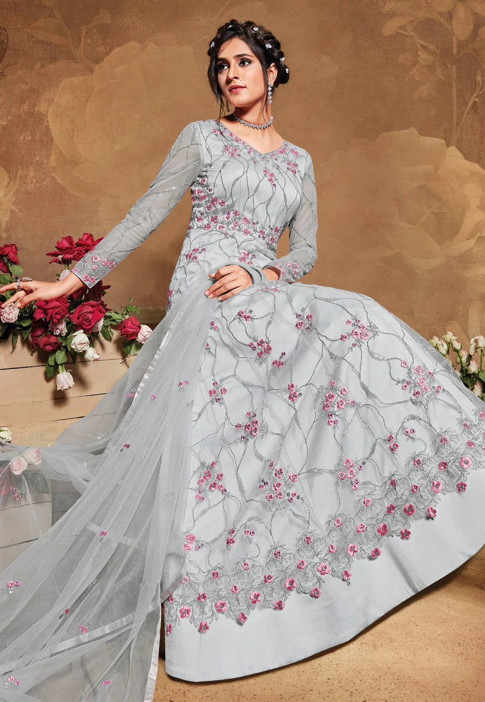 Splendid Grey Net Embroidered Floor Length Anarkali Suit - Image 2