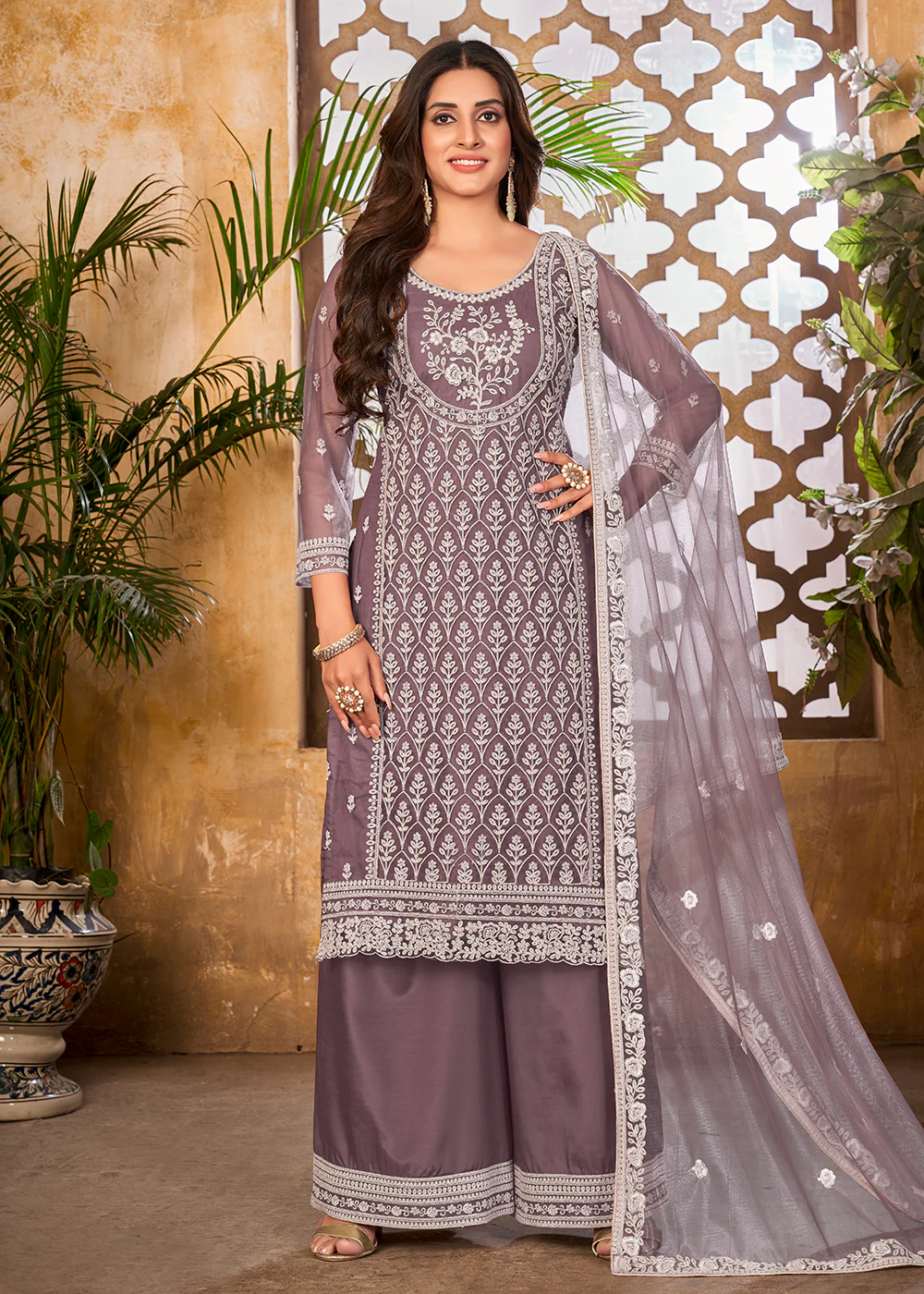 Splendid Lavender Wedding Festive Pakistani Style Palazzo Suit - Image 3