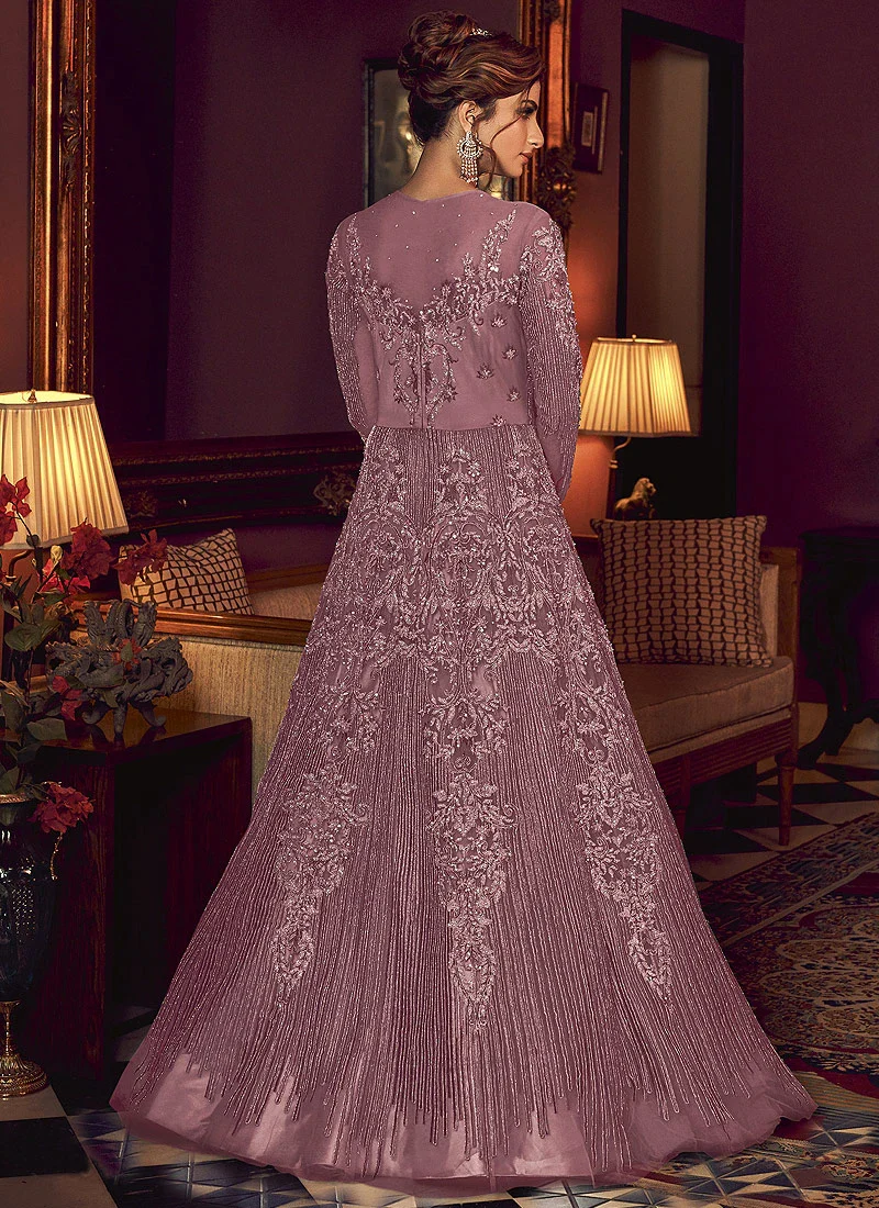 Splendid Mauve Heavy Embroidered Net Anarkali Suit - Image 2