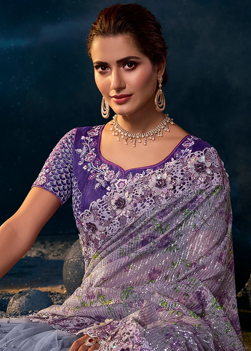 Splendid Purple Premium Net Heavy Embroidered Designer Saree - Image 2