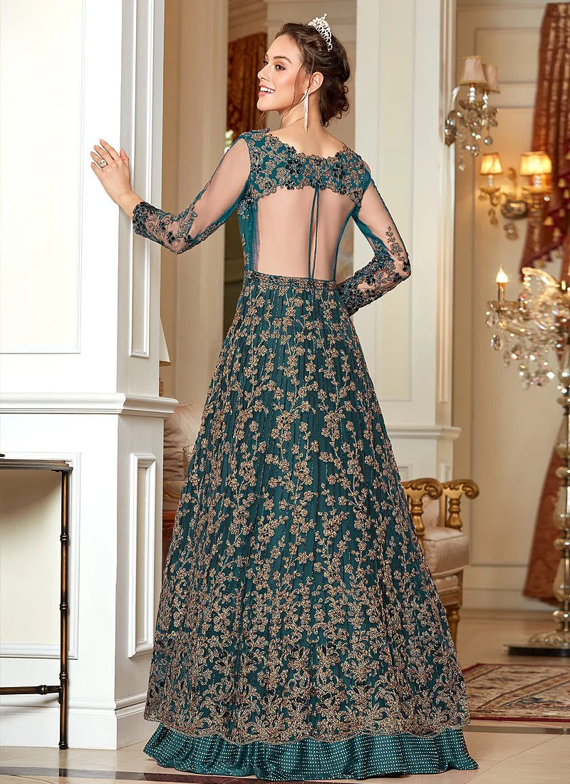Splendid Teal Embroidered Net Lehenga Style Anarkali Suit - Image 2