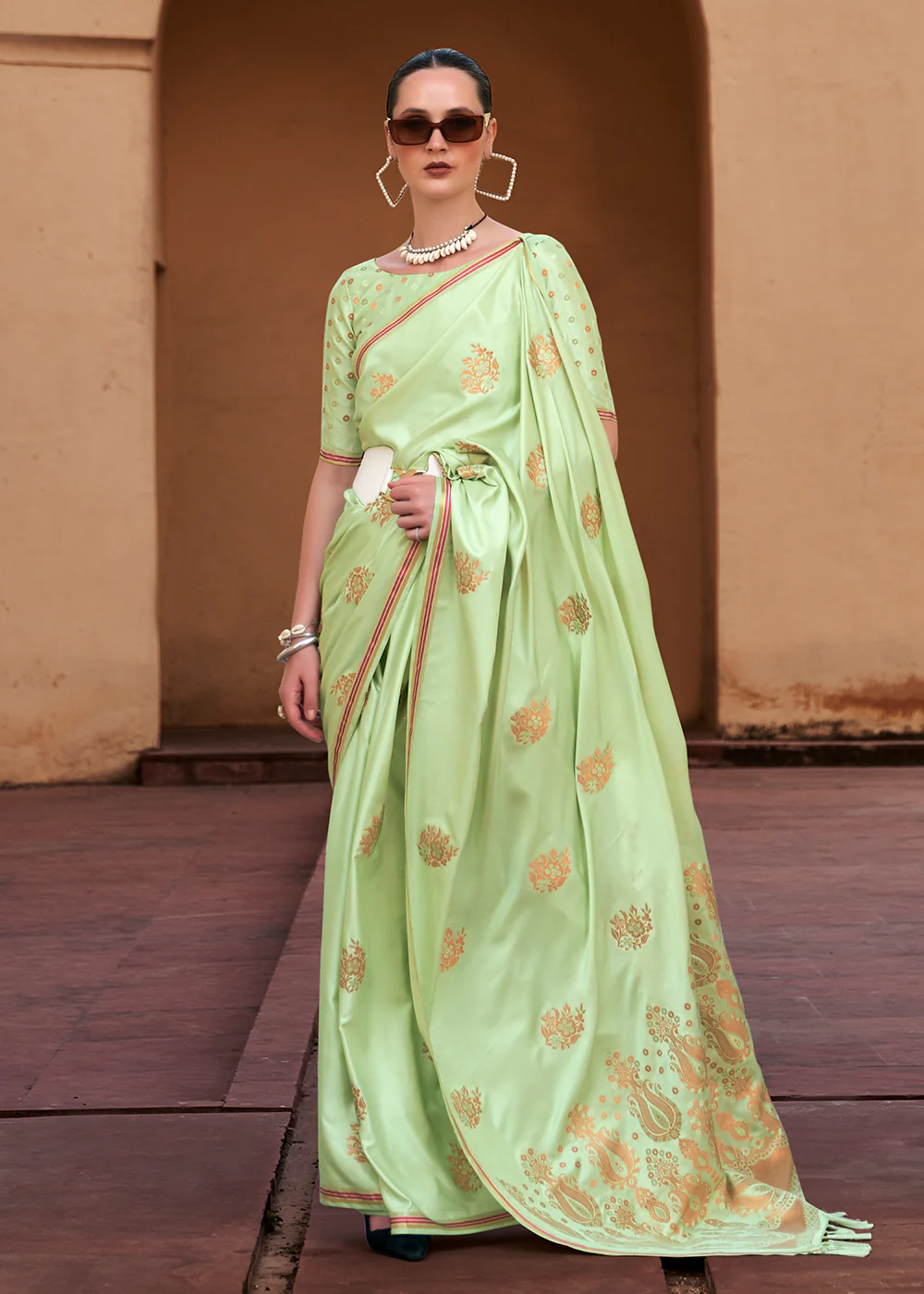 Sprout Green Pure Satin Zari Weaving Wedding Festive Saree
