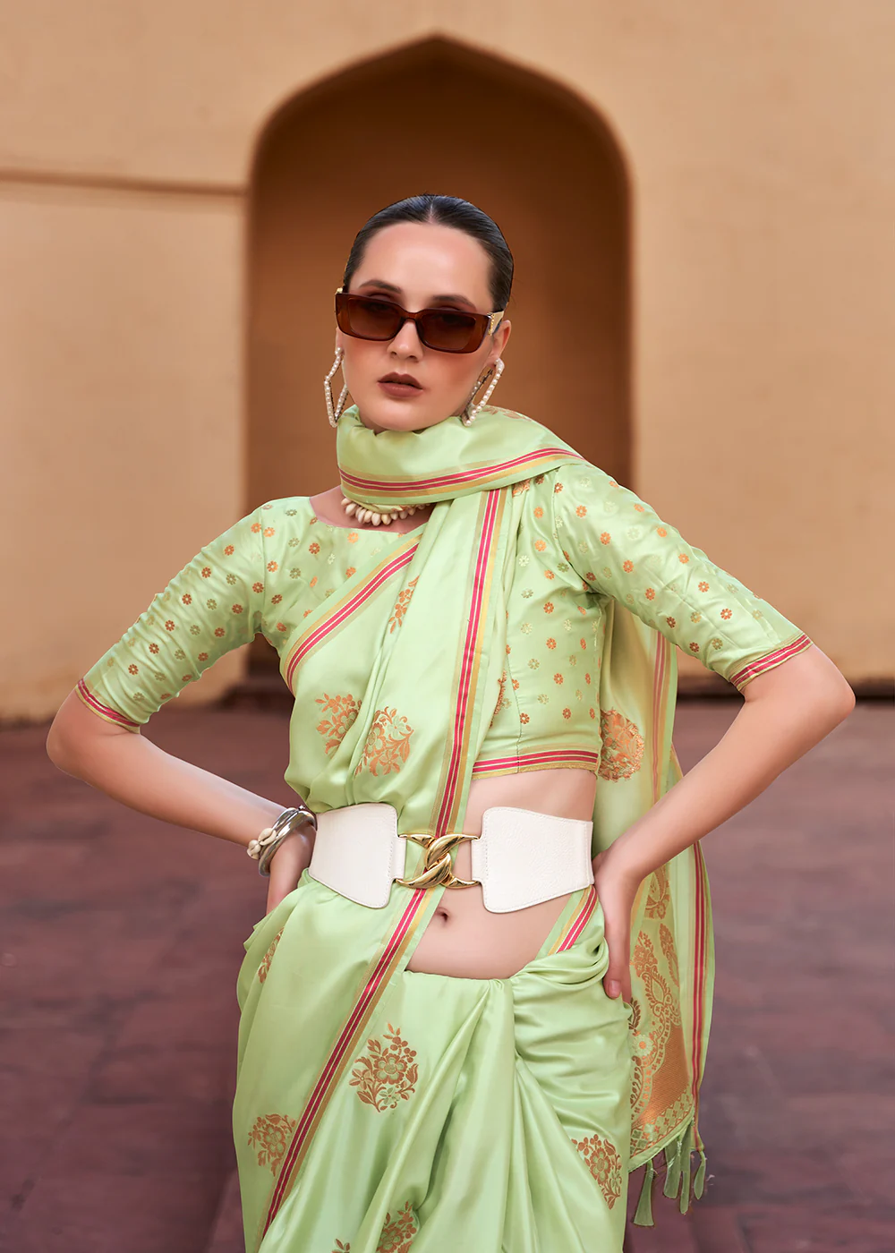 Sprout Green Pure Satin Zari Weaving Wedding Festive Saree - Image 2