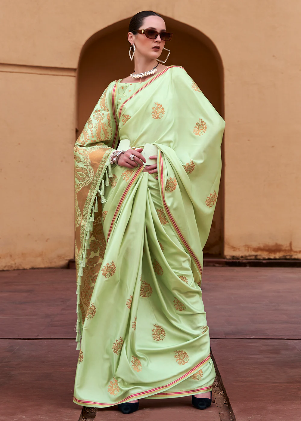 Sprout Green Pure Satin Zari Weaving Wedding Festive Saree - Image 3