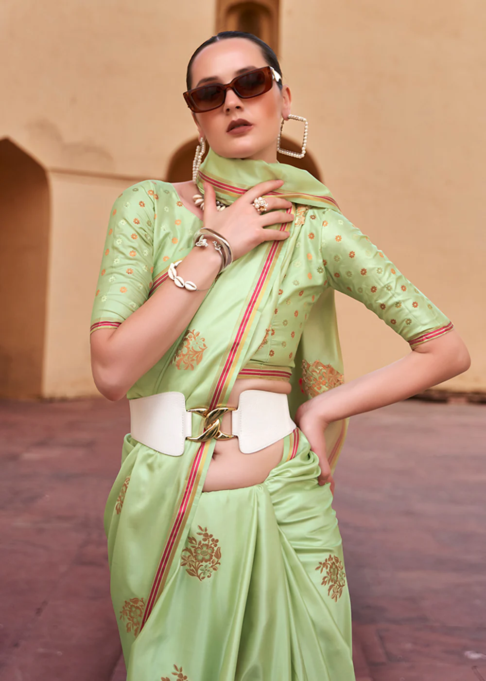 Sprout Green Pure Satin Zari Weaving Wedding Festive Saree - Image 4