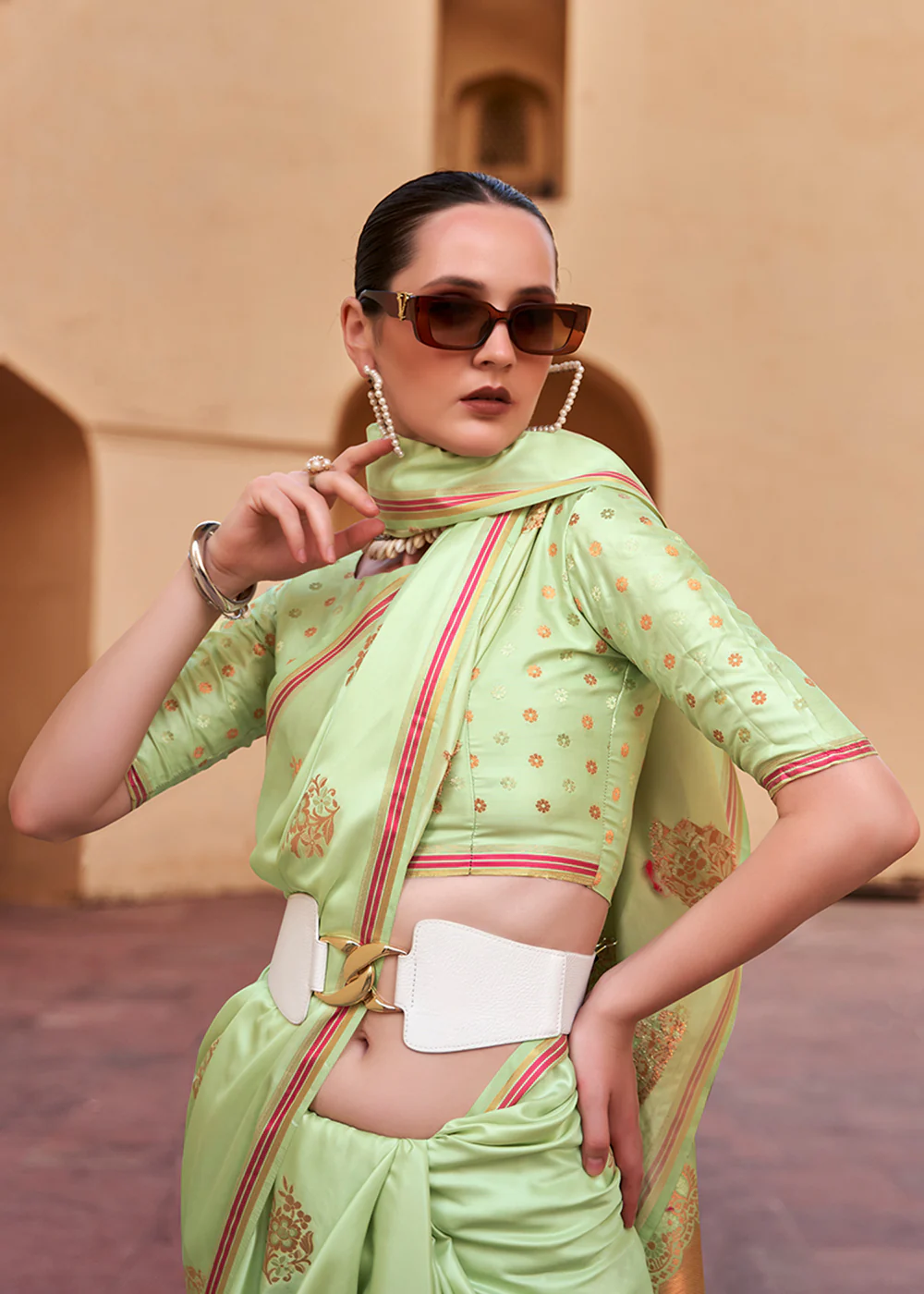 Sprout Green Pure Satin Zari Weaving Wedding Festive Saree - Image 5