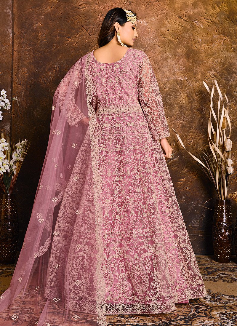 Spunky Pink Embroidered Net Bridal Anarkali Suit - Image 3