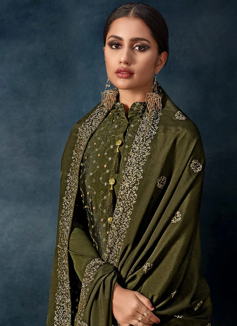 Staggering Green Chinon Trendy Palazzo Salwar Suit - Image 3