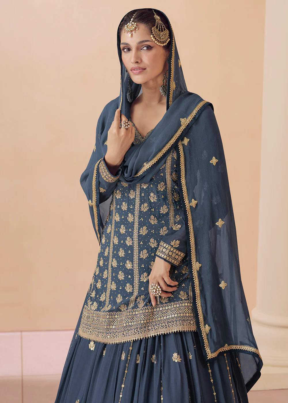 Steel Blue Embroidered Georgette Designer Lehenga Kurta - Image 2