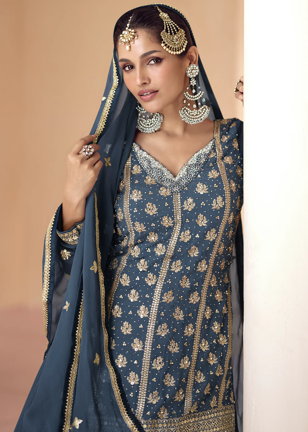 Steel Blue Embroidered Georgette Designer Lehenga Kurta - Image 3