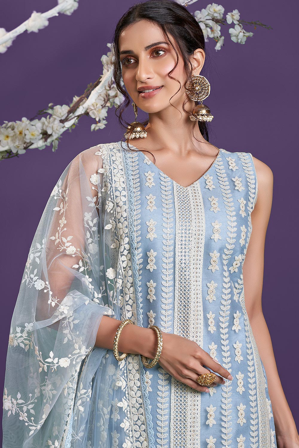 Steel Blue Lucknowi Chikankari Embroidered Pant Style Suit - Image 2