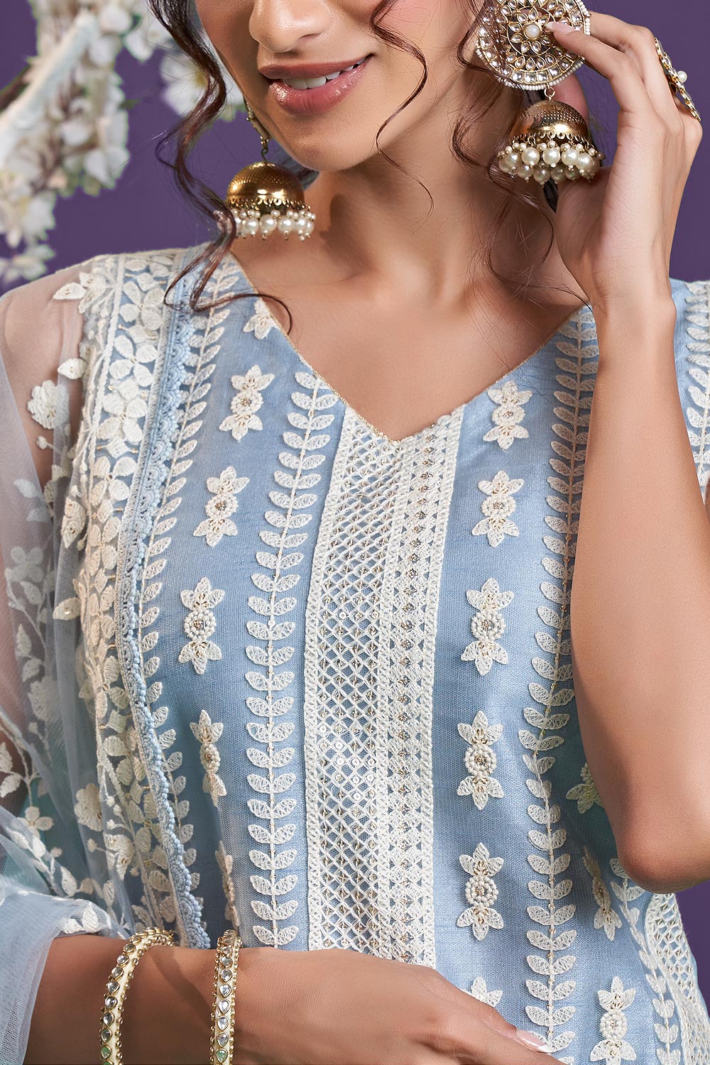 Steel Blue Lucknowi Chikankari Embroidered Pant Style Suit - Image 3