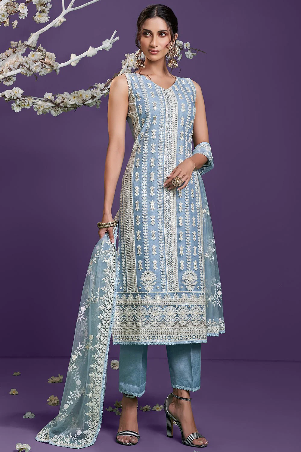 Steel Blue Lucknowi Chikankari Embroidered Pant Style Suit - Image 4