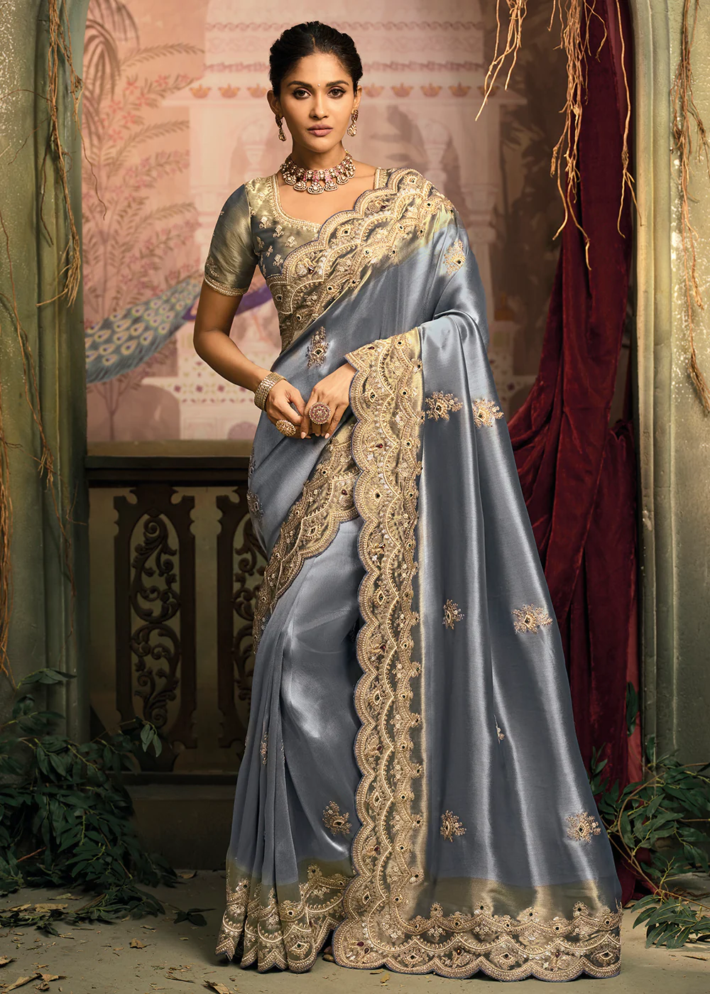 Steel Blue Premium Quality Silk Designer Wear Saree