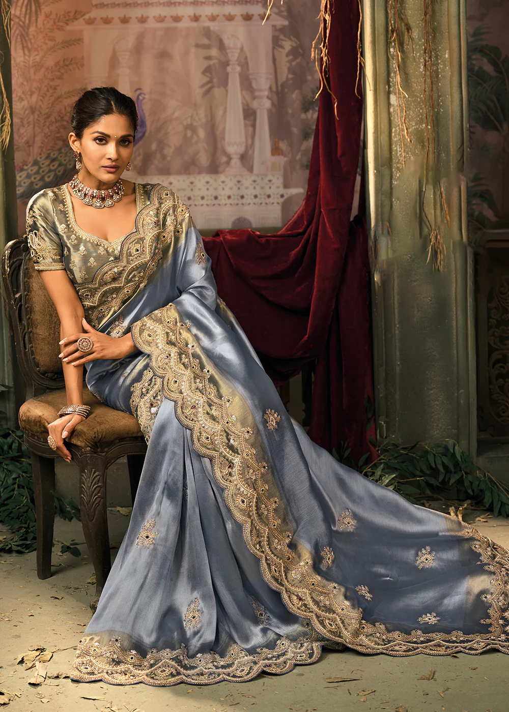 Steel Blue Premium Quality Silk Designer Wear Saree - Image 3