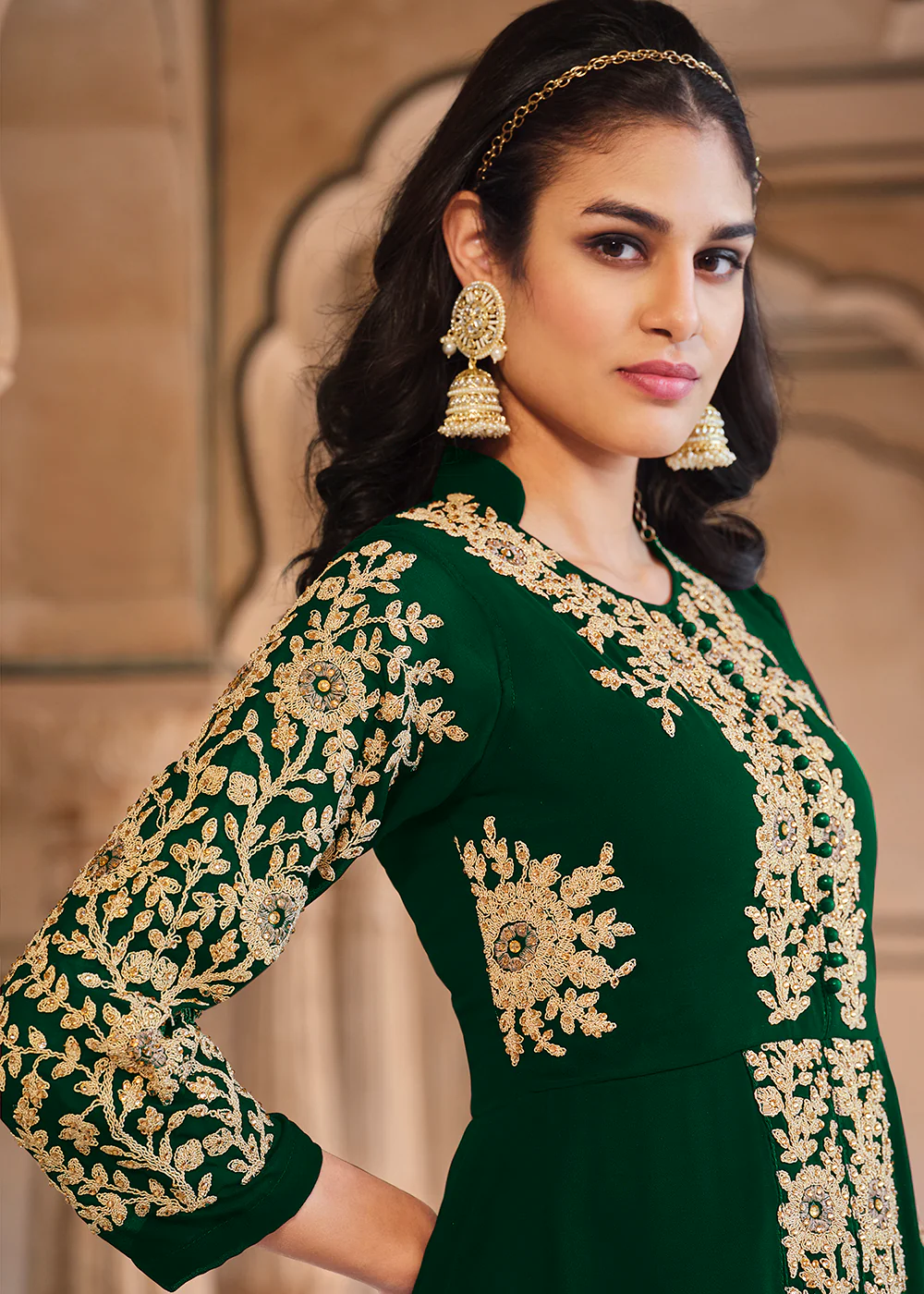 Stone Embroidered Fetching Green Slit Style Anarkali Suit - Image 2