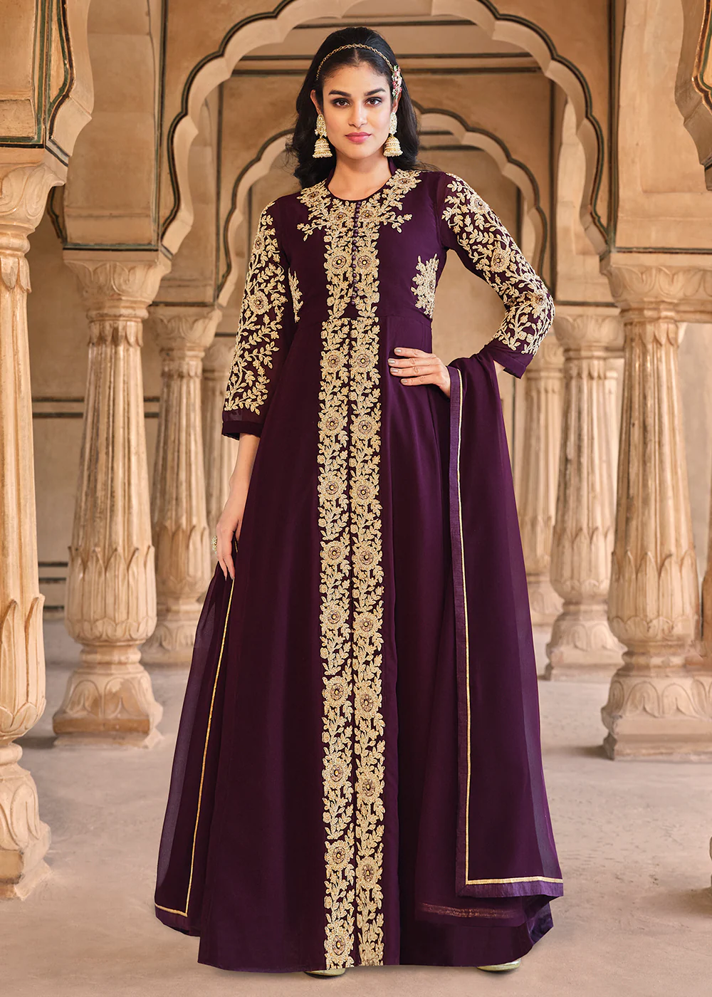 Stone Embroidered Radiant Purple Slit Style Anarkali Suit