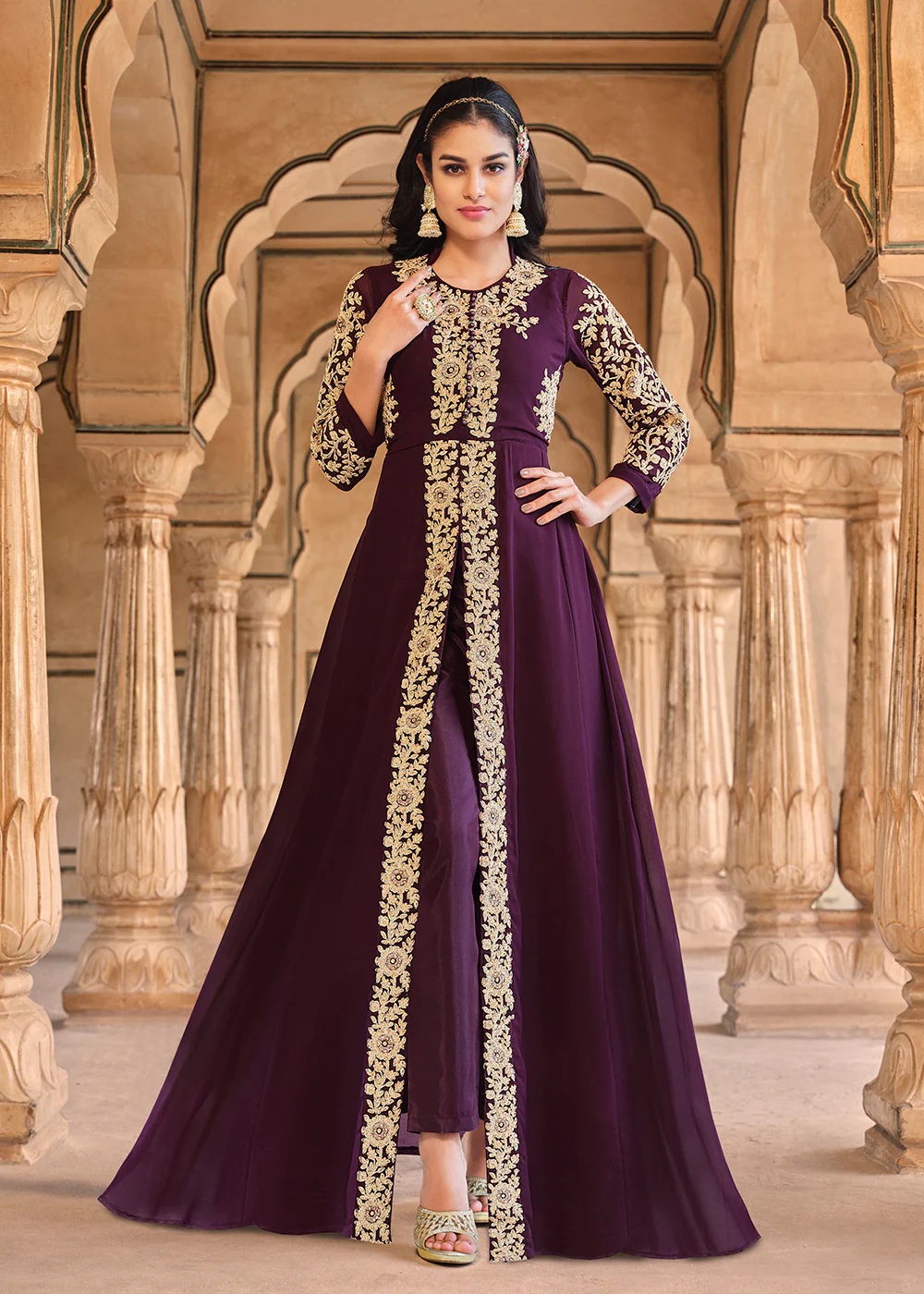 Stone Embroidered Radiant Purple Slit Style Anarkali Suit - Image 3