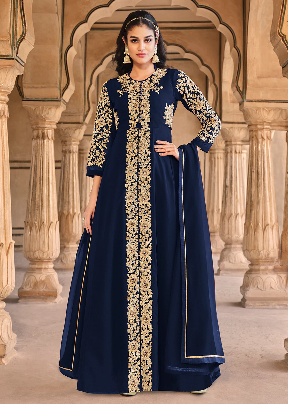 Stone Embroidered Solid Navy Blue Slit Style Anarkali Suit