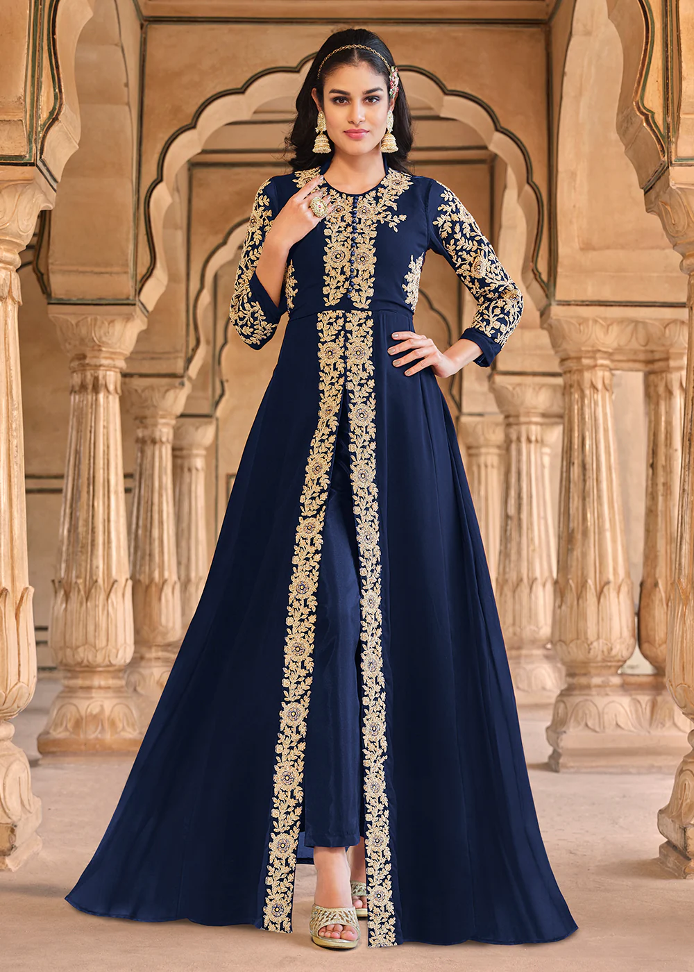 Stone Embroidered Solid Navy Blue Slit Style Anarkali Suit - Image 3