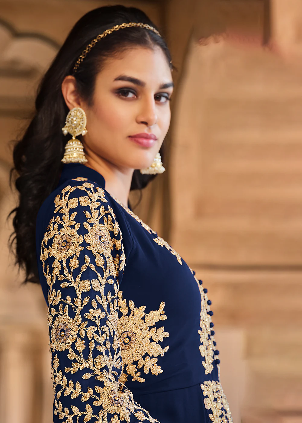Stone Embroidered Solid Navy Blue Slit Style Anarkali Suit - Image 4