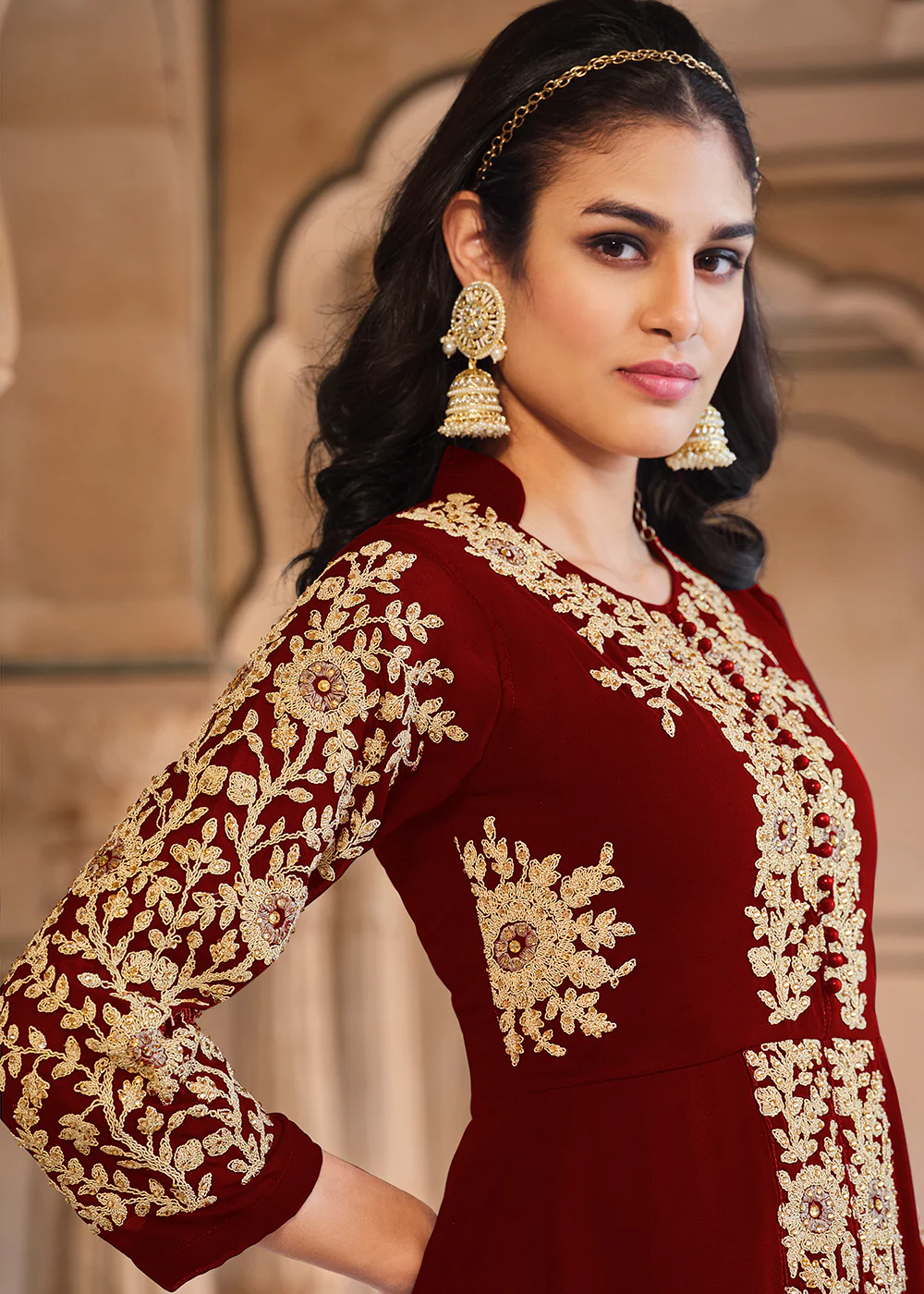Stone Embroidered Stylish Maroon Slit Style Anarkali Suit - Image 2
