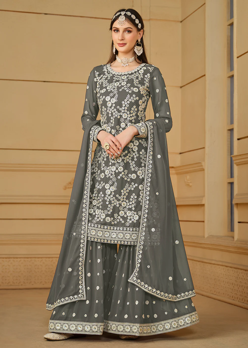 Stone Grey Embroidered Georgette Gharara Style Suit