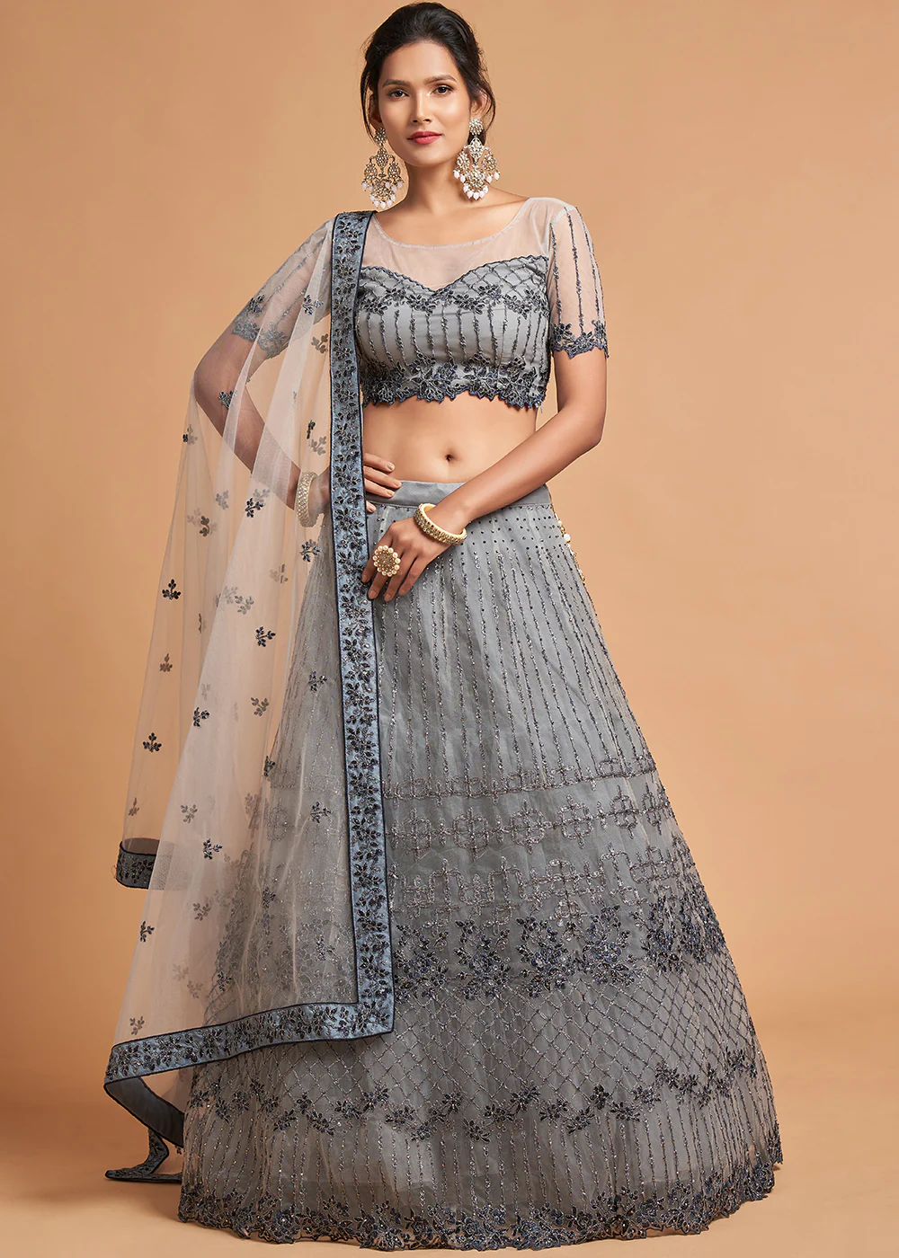 Stone Grey Stylish Embroidered A Line Lehenga Choli