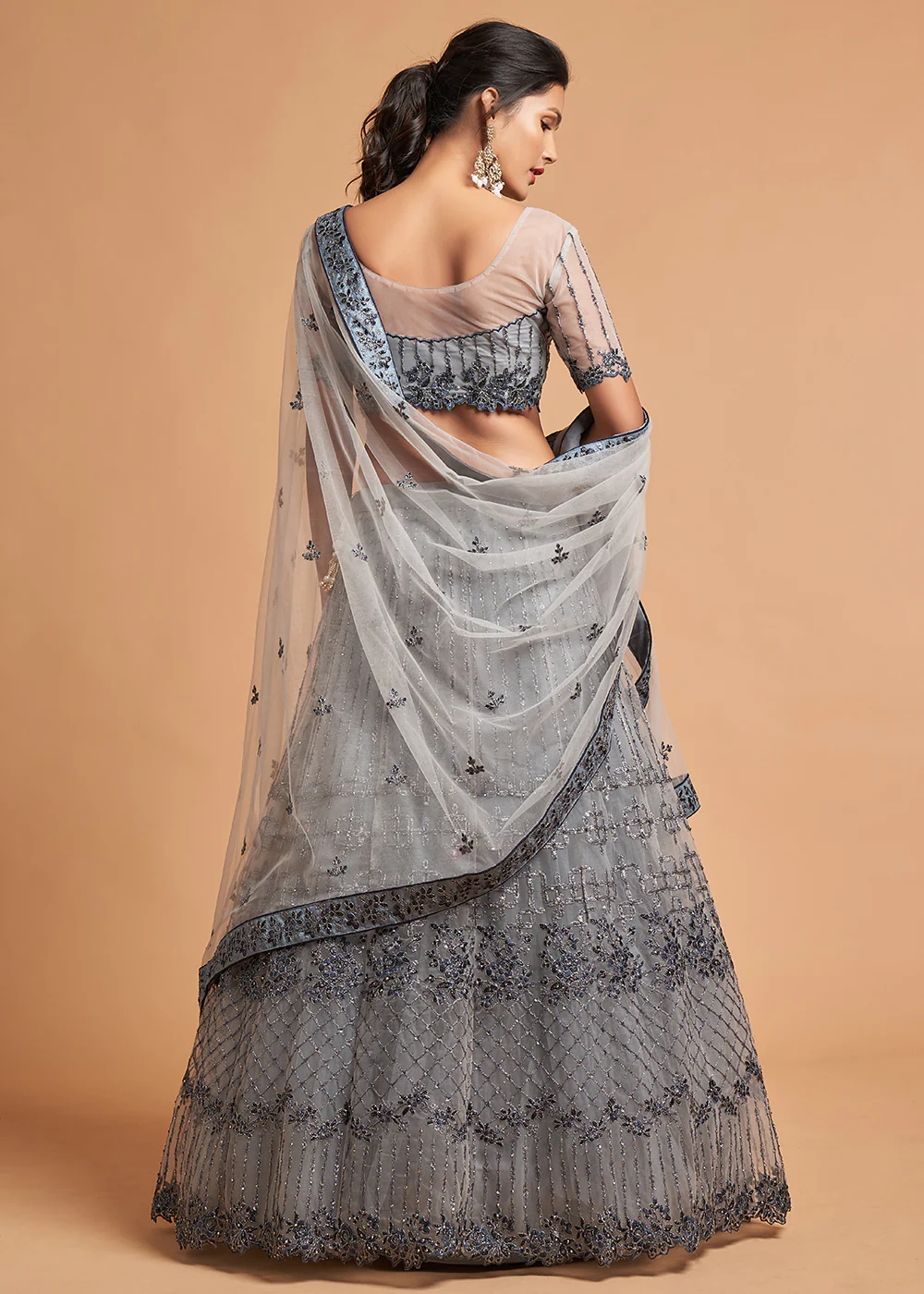 Stone Grey Stylish Embroidered A Line Lehenga Choli - Image 3