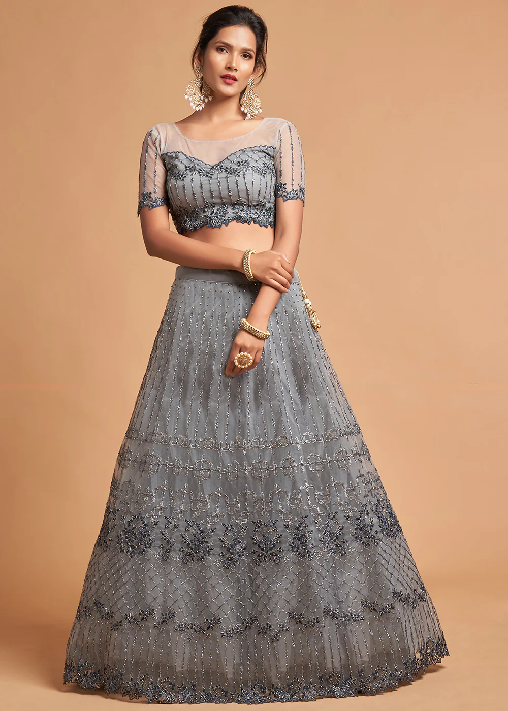 Stone Grey Stylish Embroidered A Line Lehenga Choli - Image 4