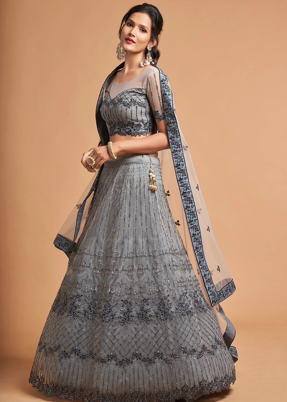 Stone Grey Stylish Embroidered A Line Lehenga Choli - Image 5