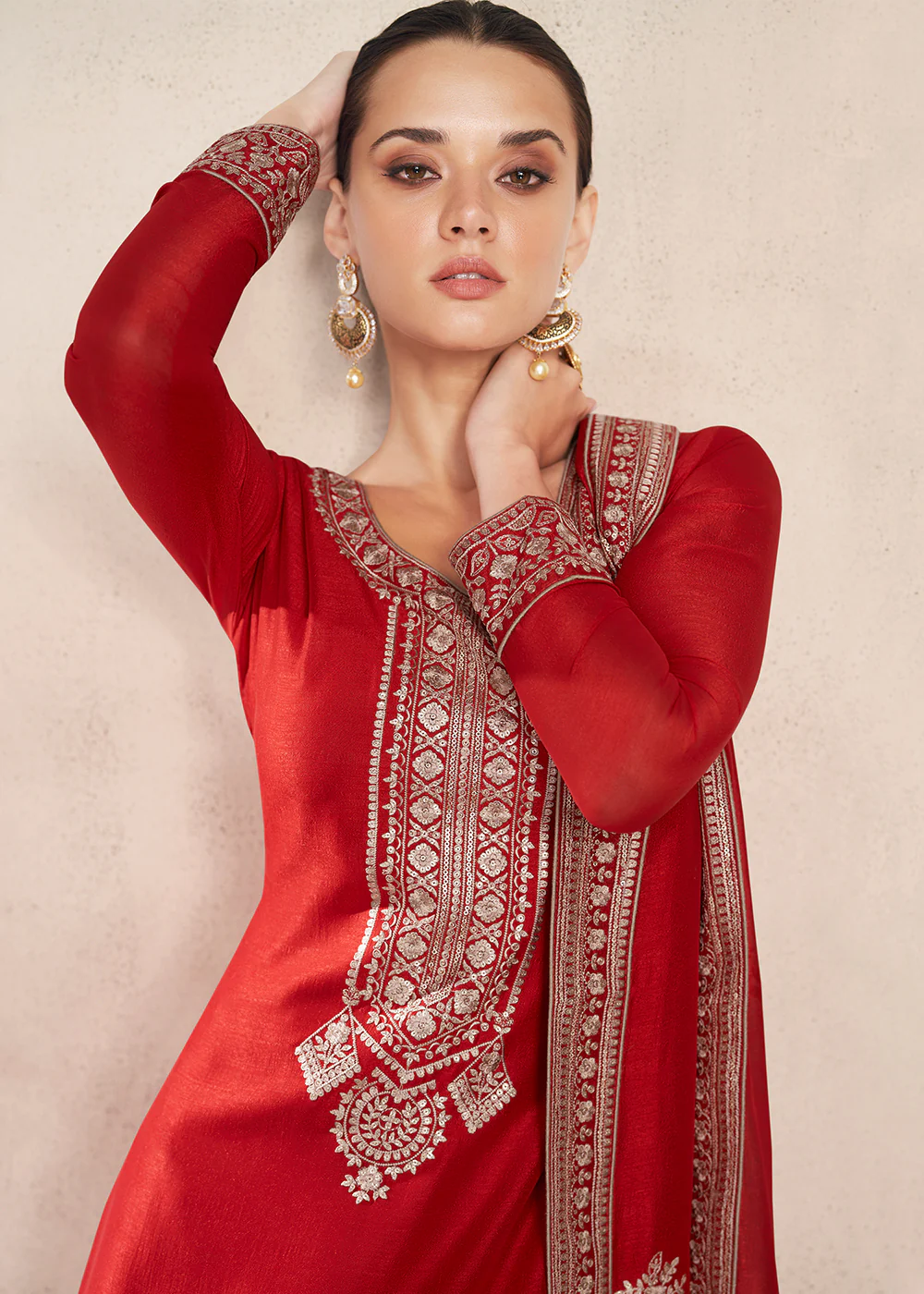 Straight Cut Bright Red Silk Festive Salwar Kameez - Image 2
