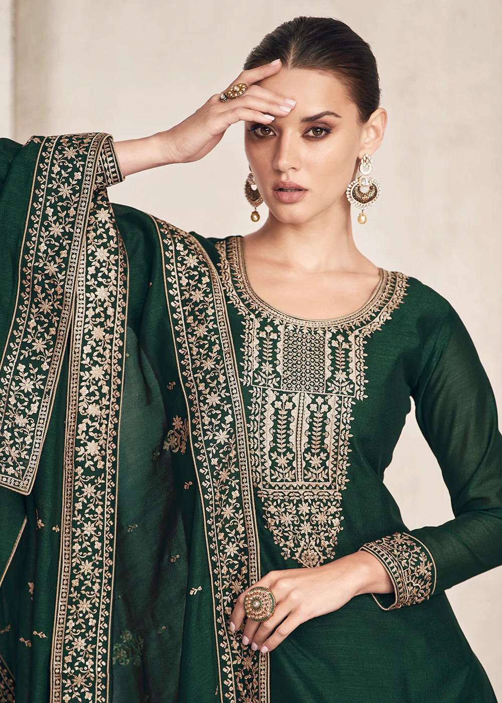 Straight Cut Dark Green Silk Festive Salwar Kameez - Image 2