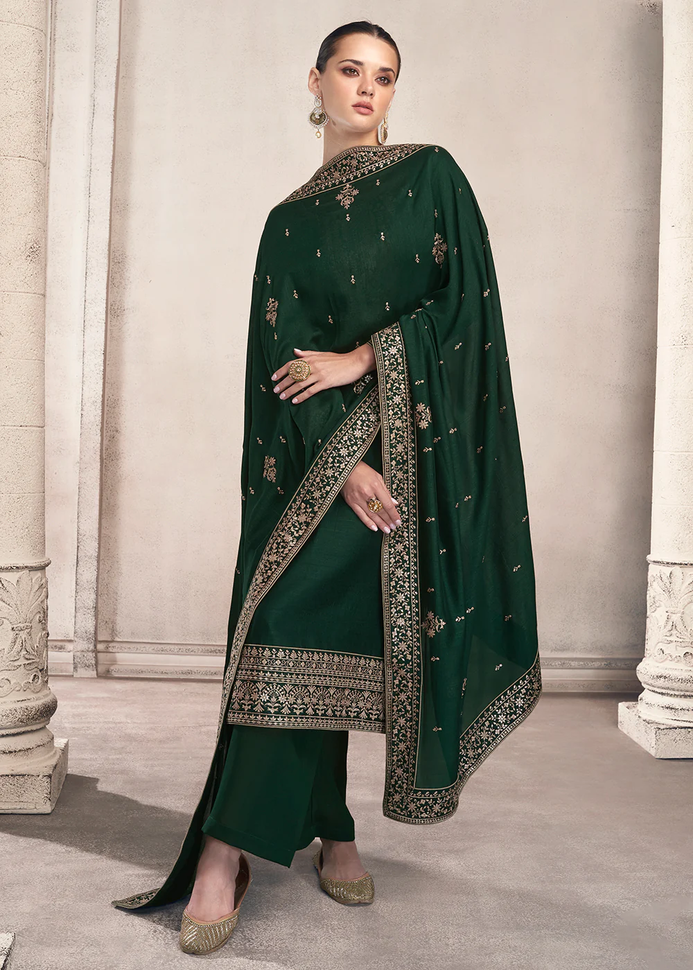 Straight Cut Dark Green Silk Festive Salwar Kameez - Image 3
