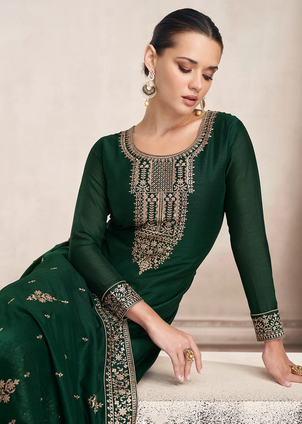 Straight Cut Dark Green Silk Festive Salwar Kameez - Image 4