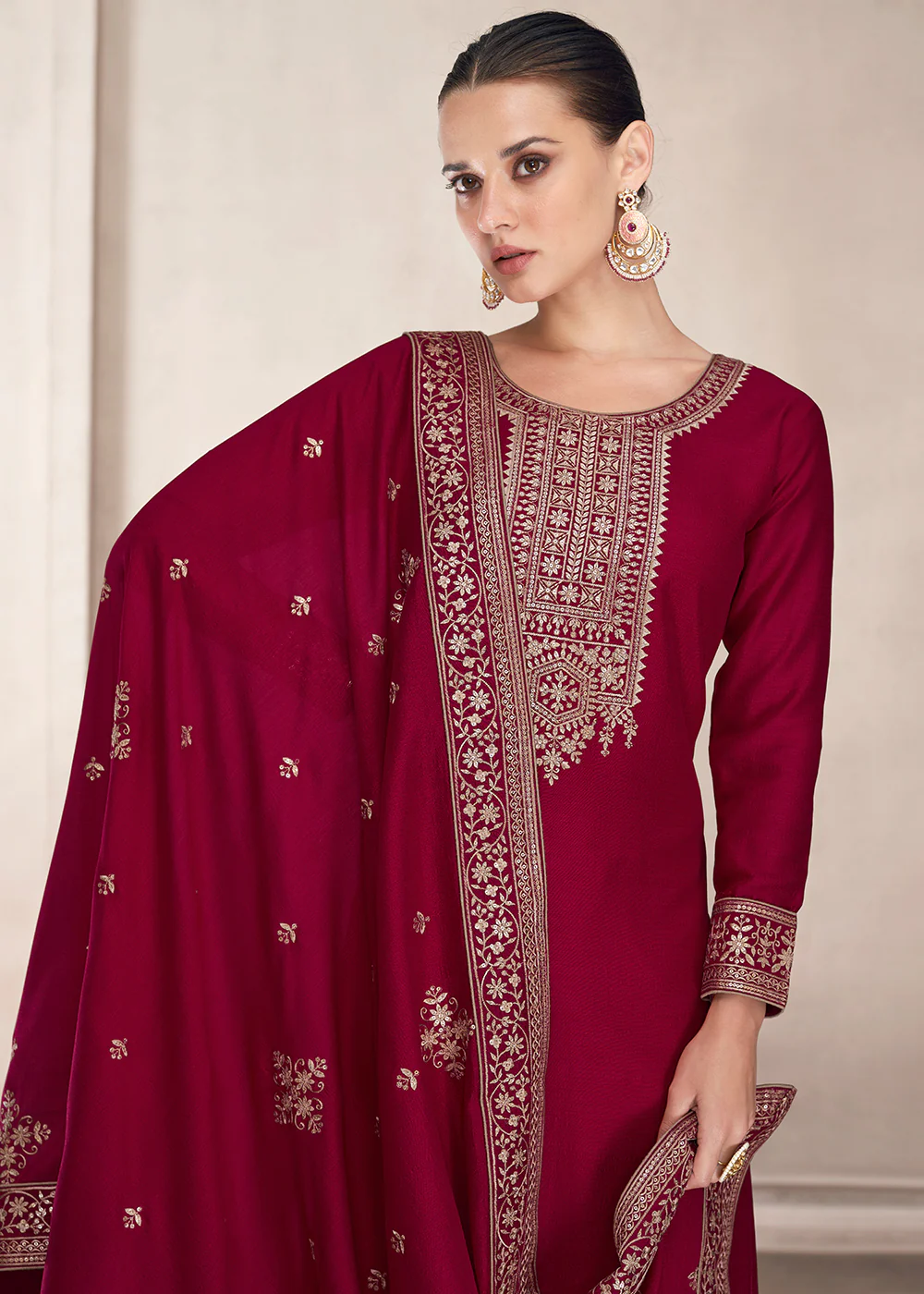 Straight Cut Magenta Pink Silk Festive Salwar Kameez - Image 2