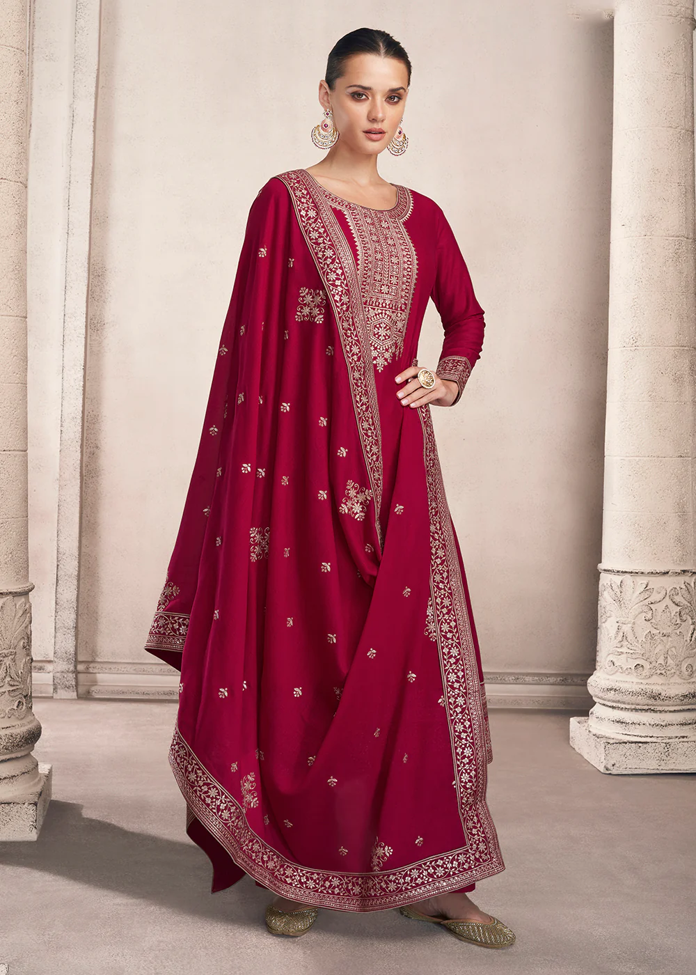 Straight Cut Magenta Pink Silk Festive Salwar Kameez - Image 3